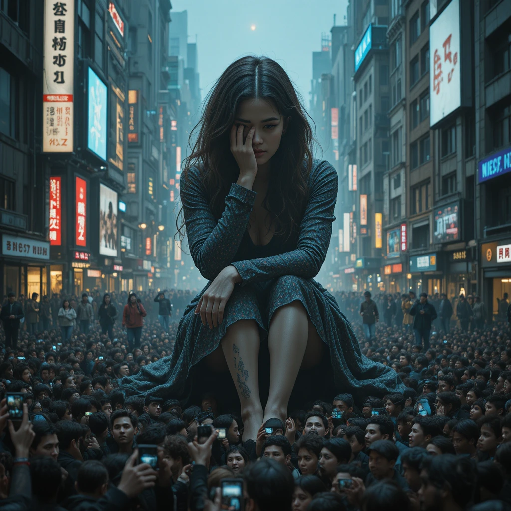 Mujer gigante que se alza sobre una ciudad nocturna llena de diminutos espectadores