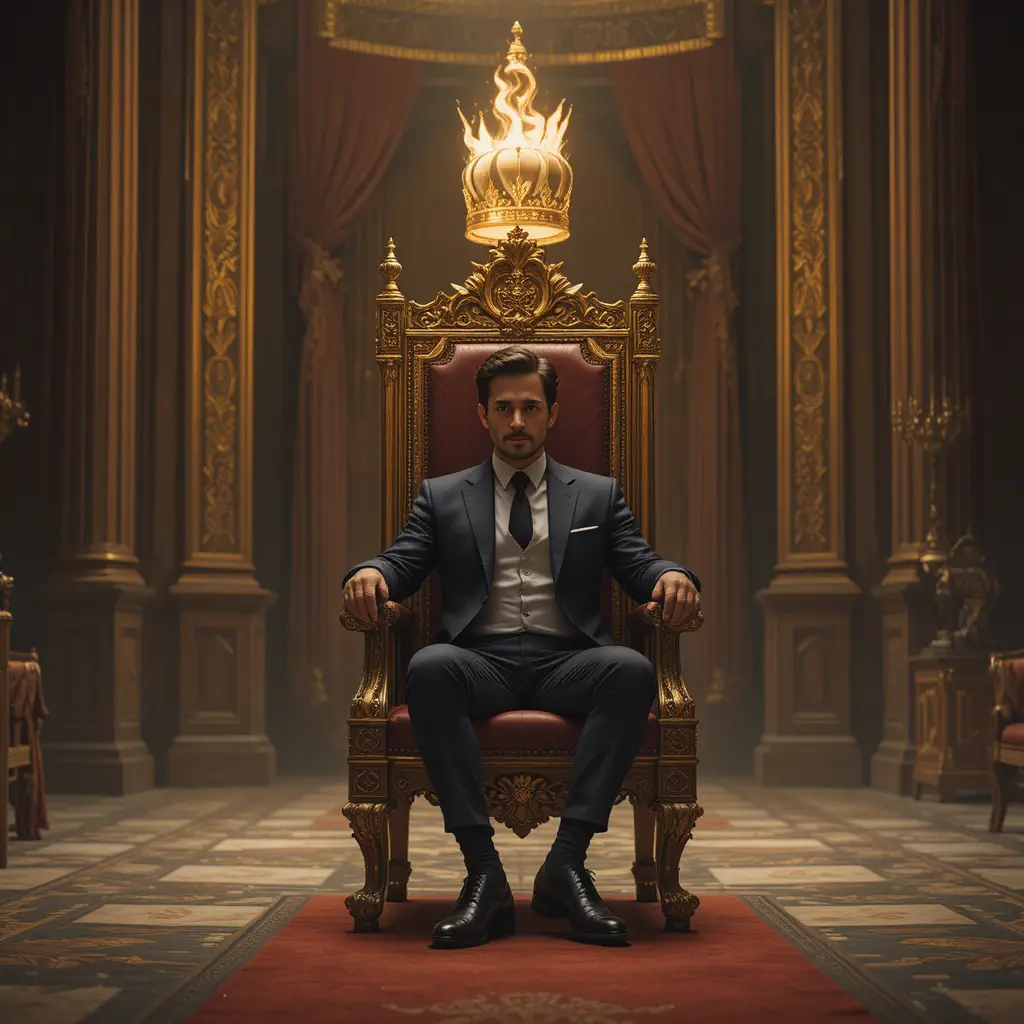 Confident man walking forward toward a royal golden throne
