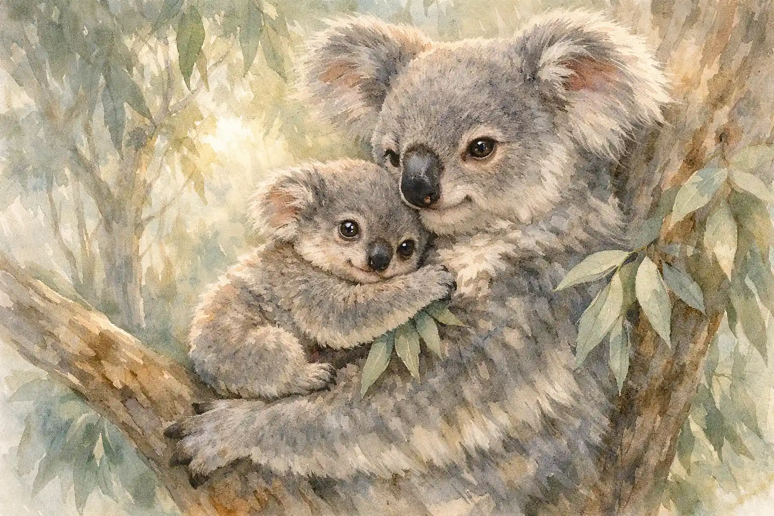 Baby koala cuddling its mother in a soft watercolor forest