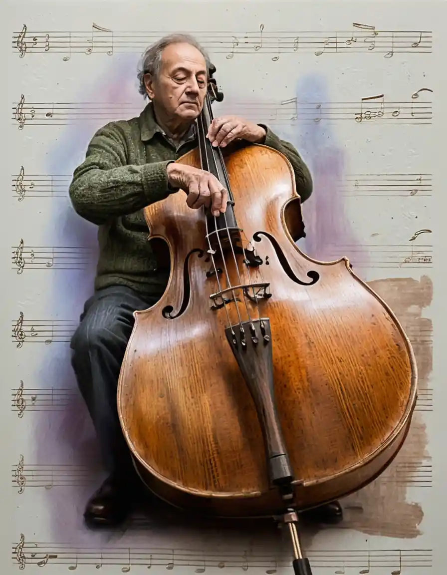 Elderly double bass player lost in soulful music