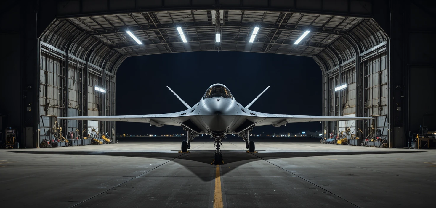 Stealth bomber in a dimly lit military aircraft hangar