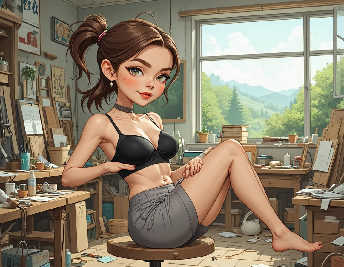 Jeune femme s’étirant dans un atelier-studio en désordre