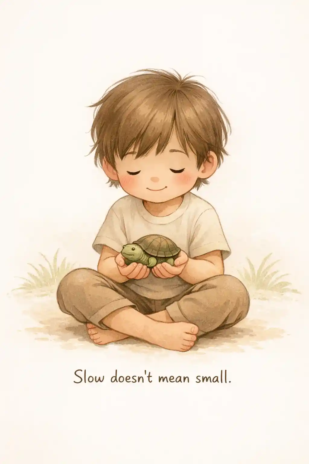 Child holding a small turtle in a gentle illustration