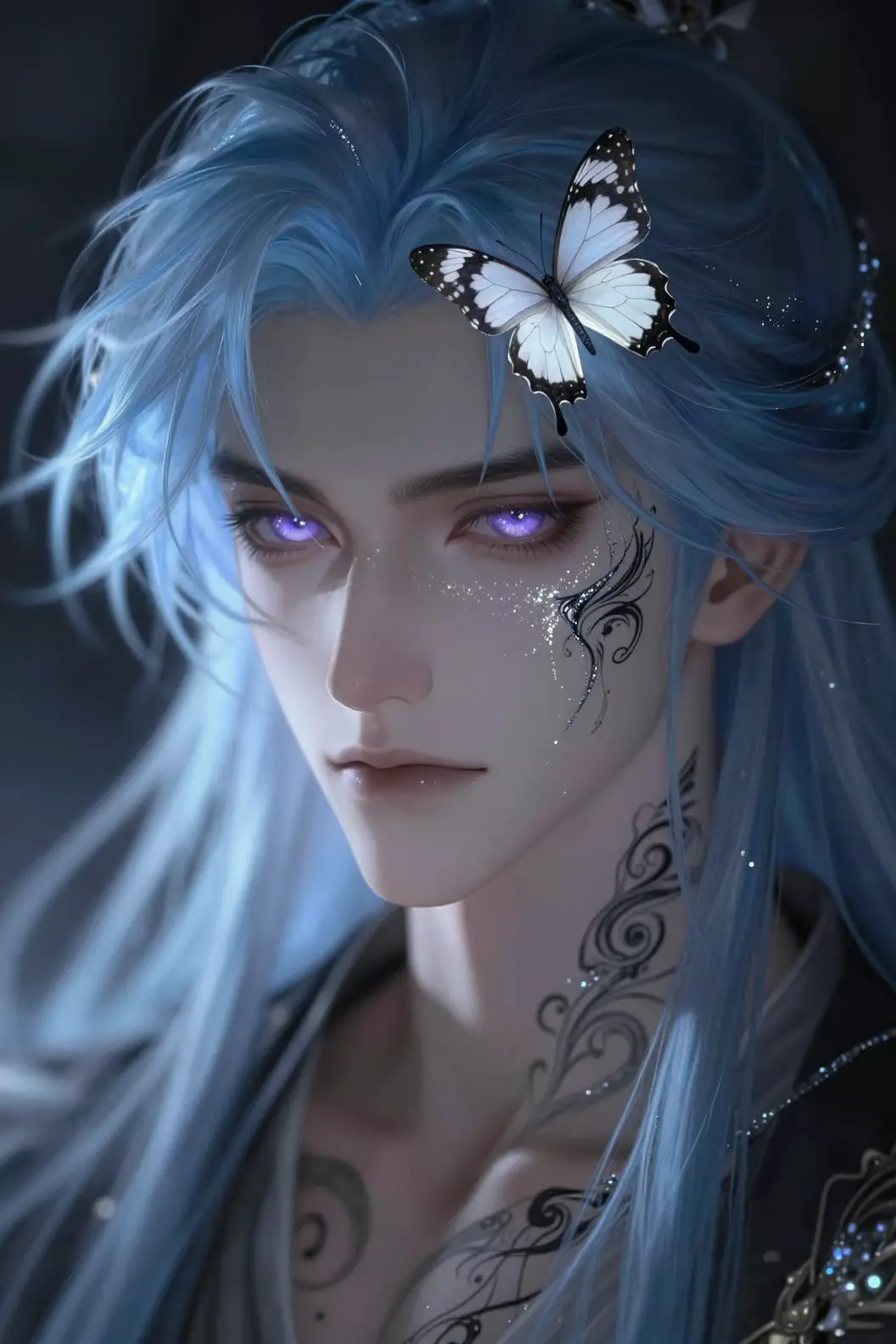 Mystical anime man with blue hair and butterfly