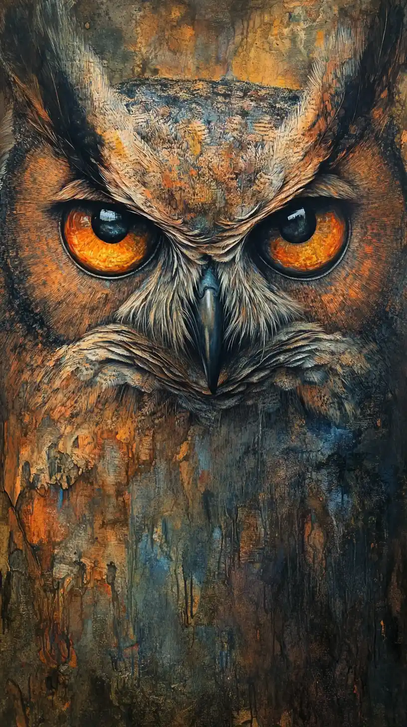 Abstrakte Eule mit großen reflektierenden Augen in Mixed-Media-Gemälde