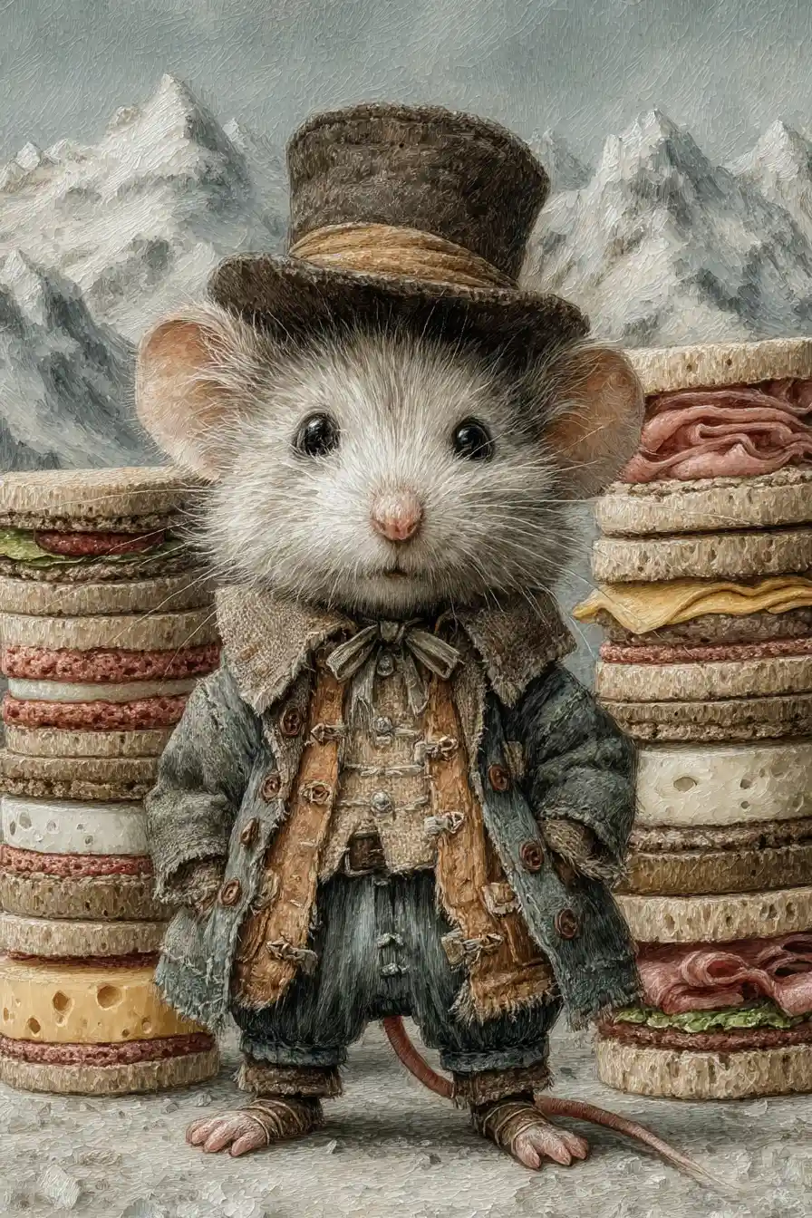 Whimsical mouse in top hat among mountains of cold cuts