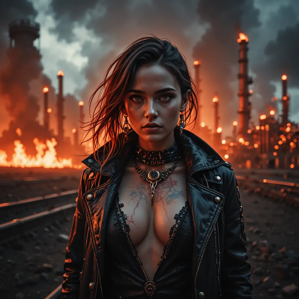 Donna cyberpunk davanti a una raffineria industriale in fiamme di notte