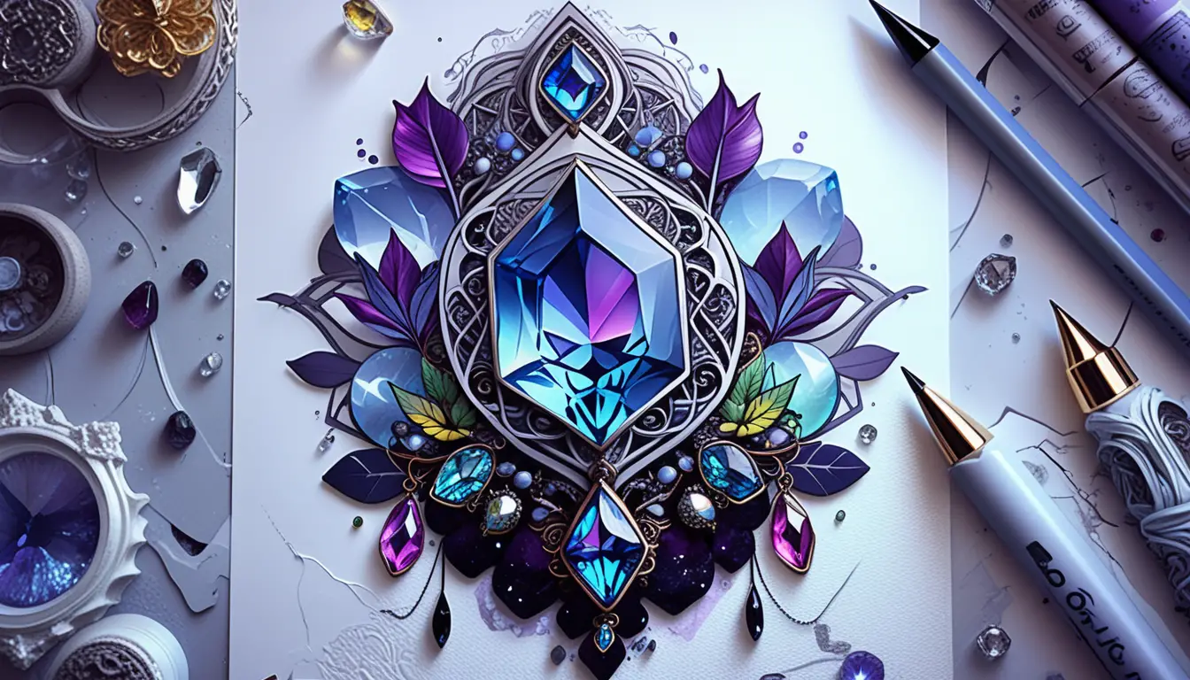 Bohemian goth gemstone jewelry illustration with neon crystal clusters