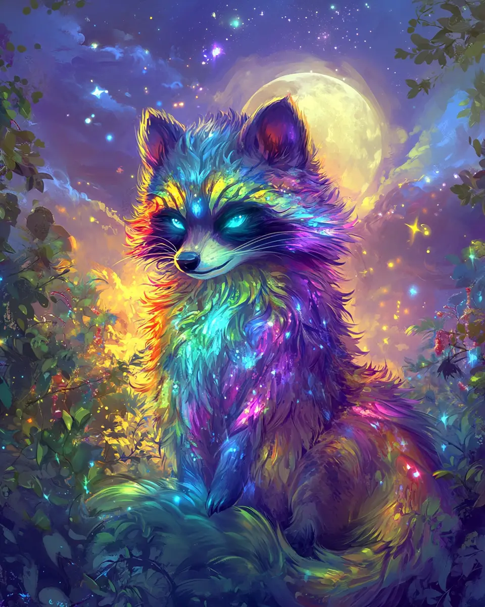 Magical raccoon dog under a moonlit starry sky