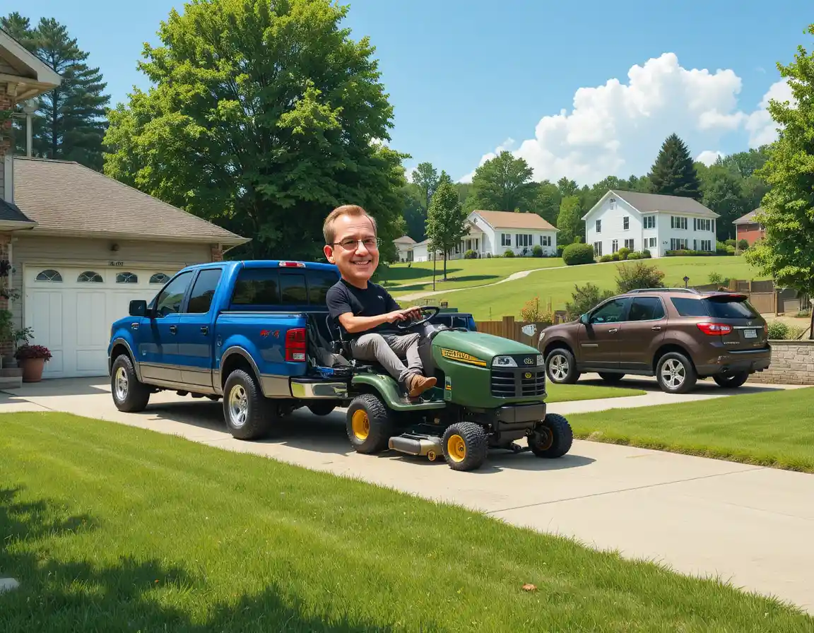 Man unloading riding lawnmower from blue pickup truck on driveway