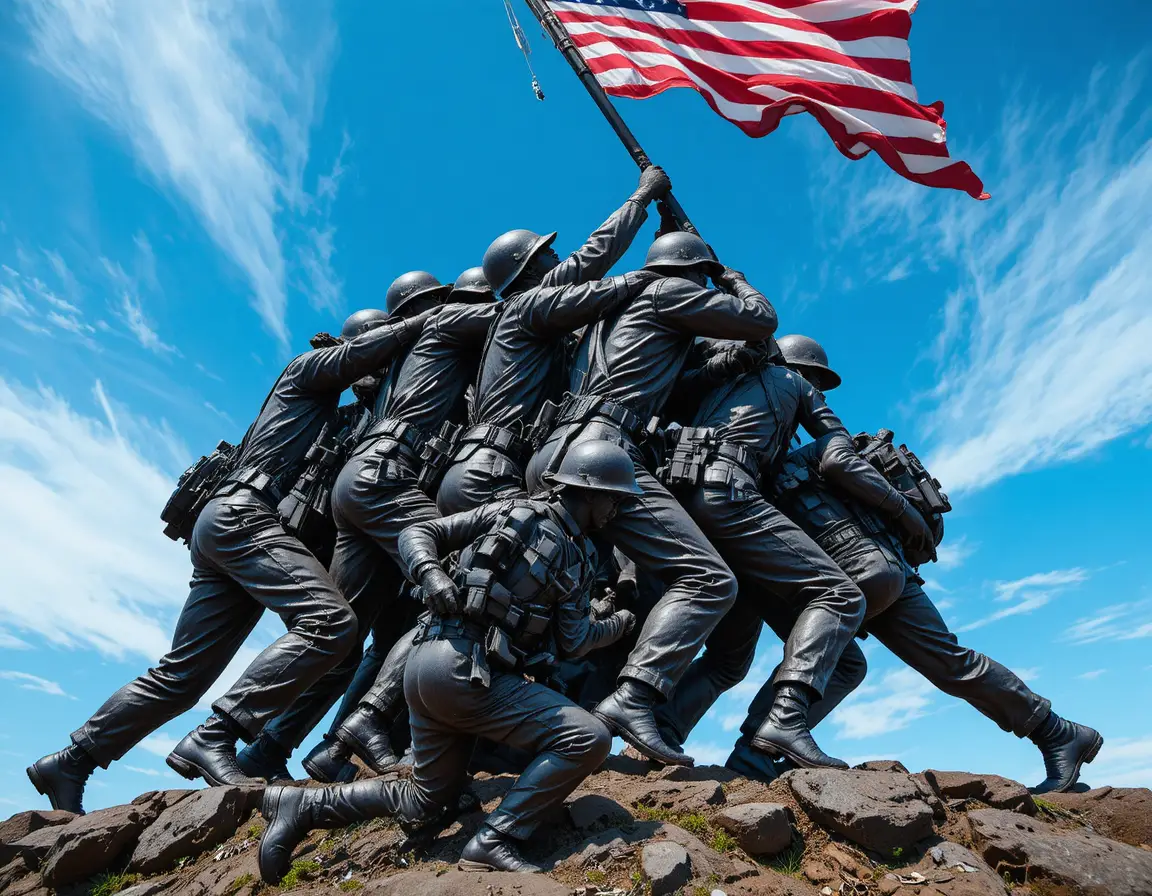 Monument de marines en bronze levant le drapeau américain