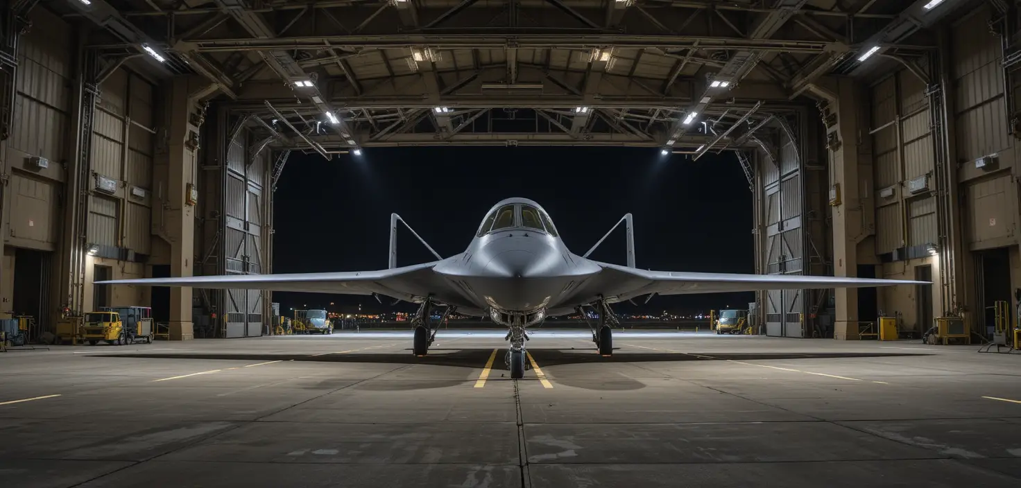 Stealth bomber in a dimly lit military aircraft hangar