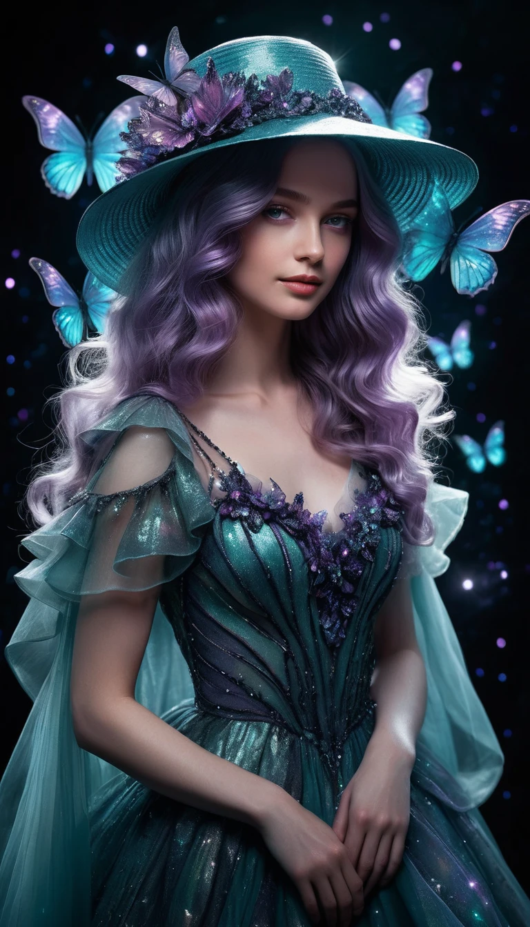 Donna mistica in abito di luce stellare e cappello turchese luminoso