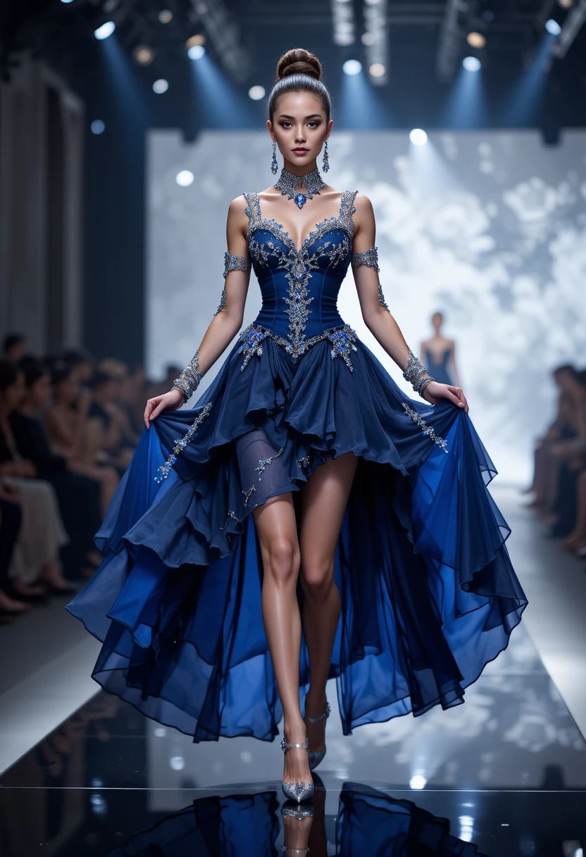 Runway model in midnight blue couture gown with jewelry