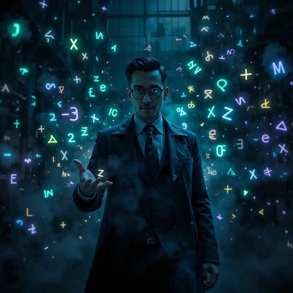Mysterious math teacher controlling neon equations in darkness