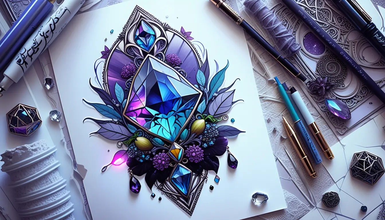 Bohemian goth gemstone tattoo illustration with neon crystals