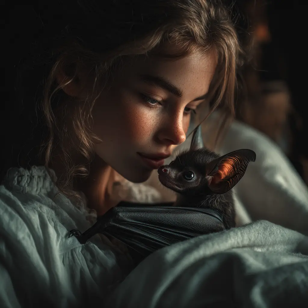 Cinematic close up of two cuddling fantasy bats in bed