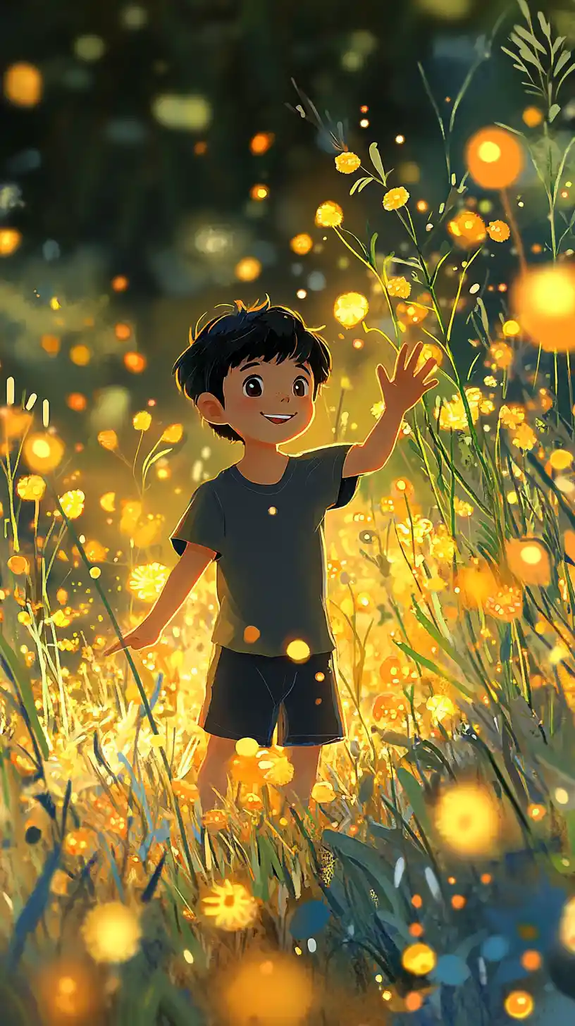 Cheerful cartoon boy waving in a glowing flower field