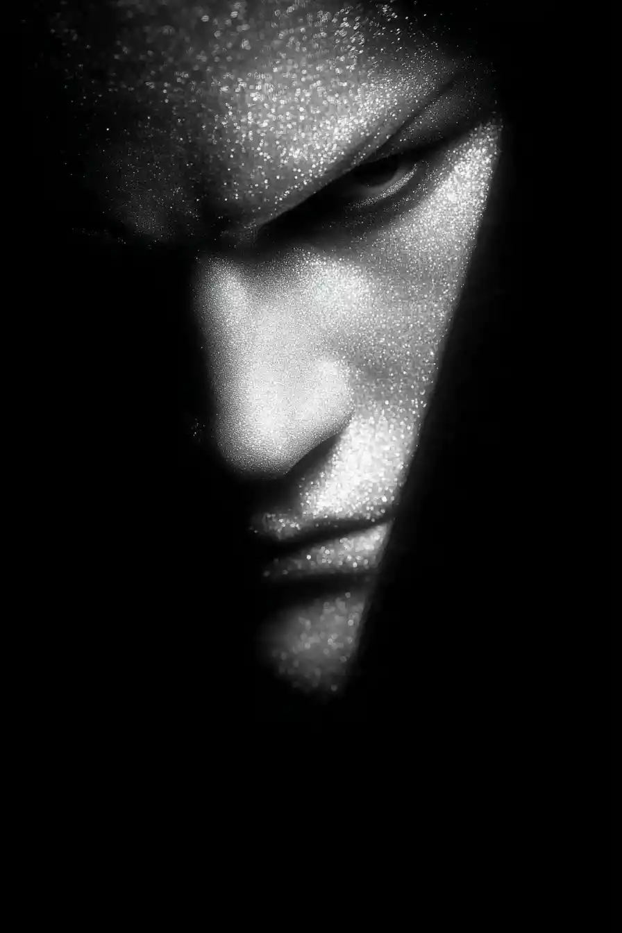 Glowing face emerging from darkness in fantasy style