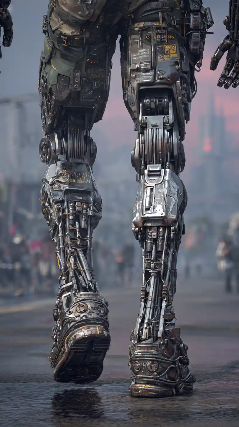 Gambe esoscheletriche d'acciaio futuristiche in una Los Angeles caotica