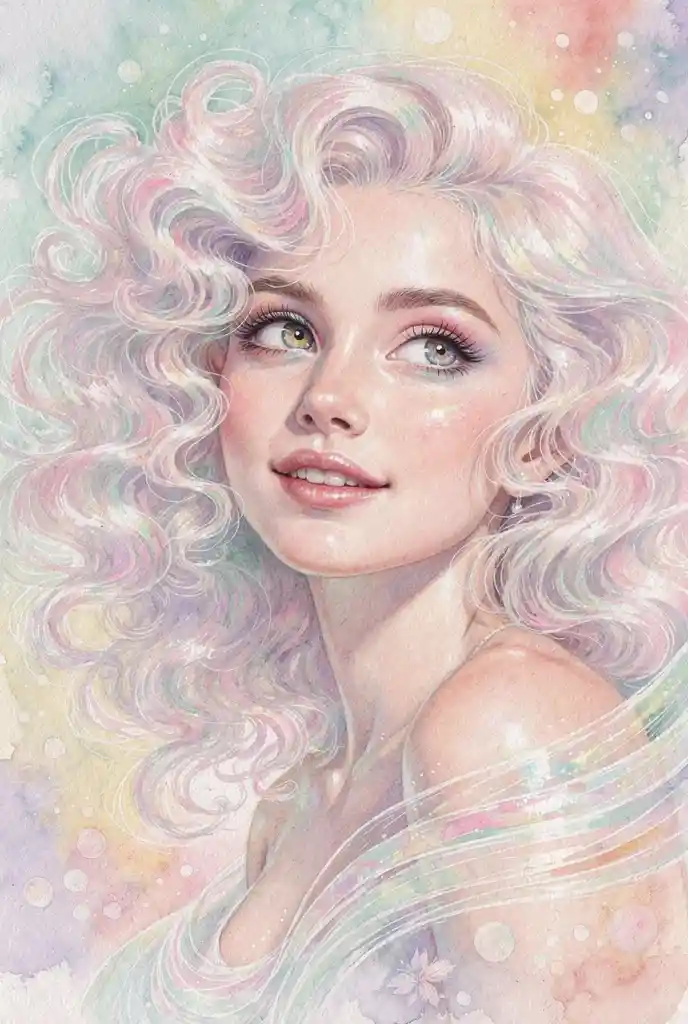 Dreamy watercolor portrait of a glowing young woman