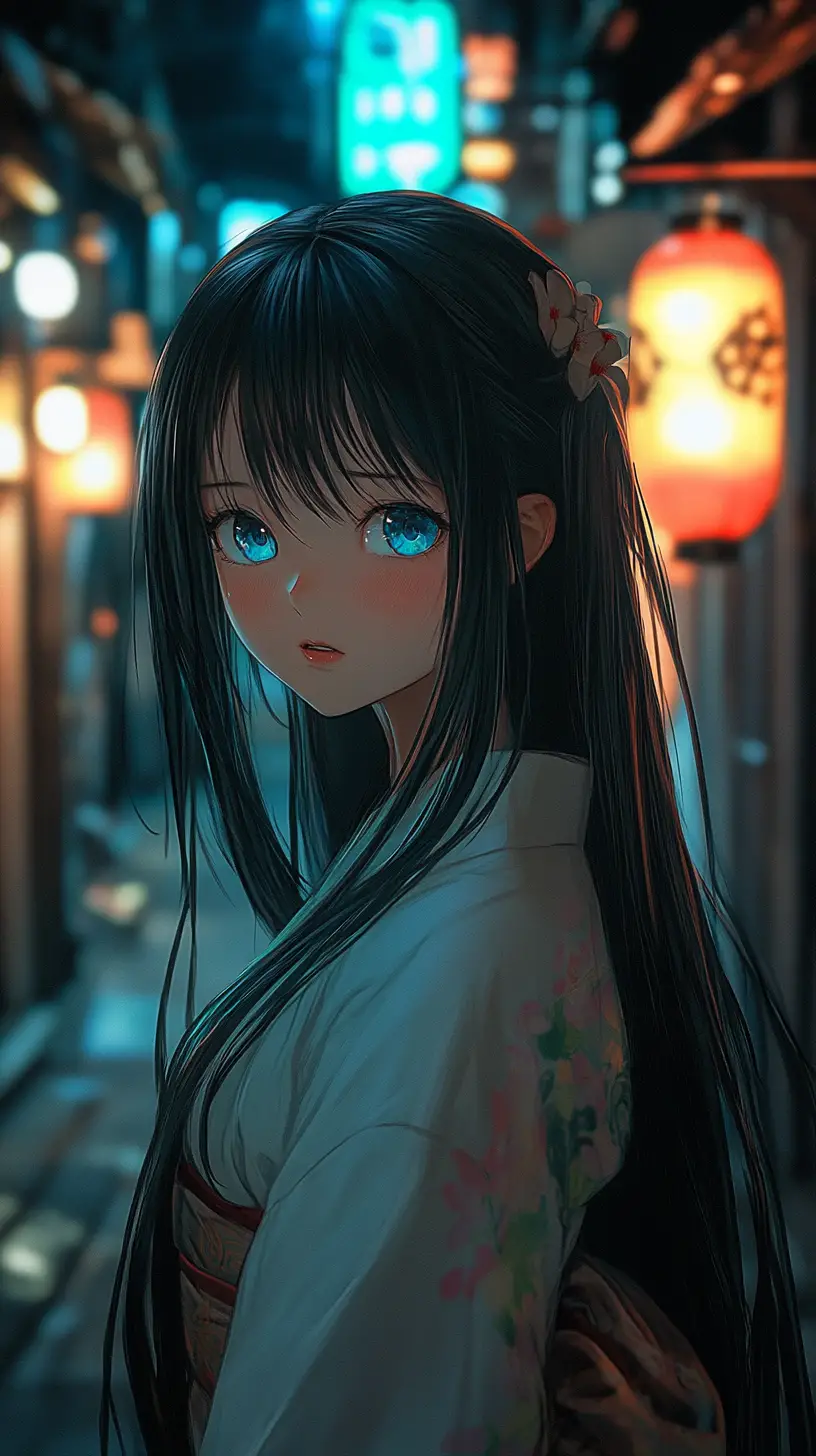 Anime girl with blue eyes standing in public space