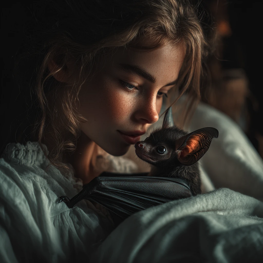 Kinematische Nahaufnahme von zwei kuschelnden Fantasy-Fledermäusen im Bett