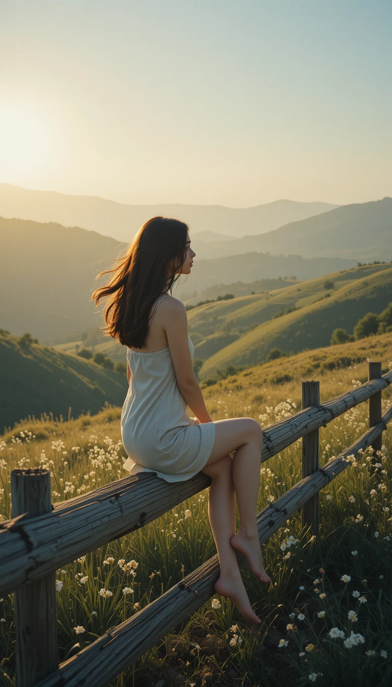 Woman on rustic fence overlooking valley at golden hour
