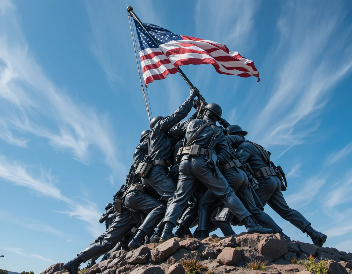 Monumento de marines de bronce izando la bandera estadounidense bajo el cielo