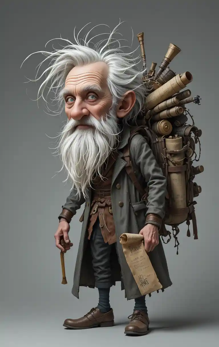 Eccentric old traveler with maps and backpack on gray