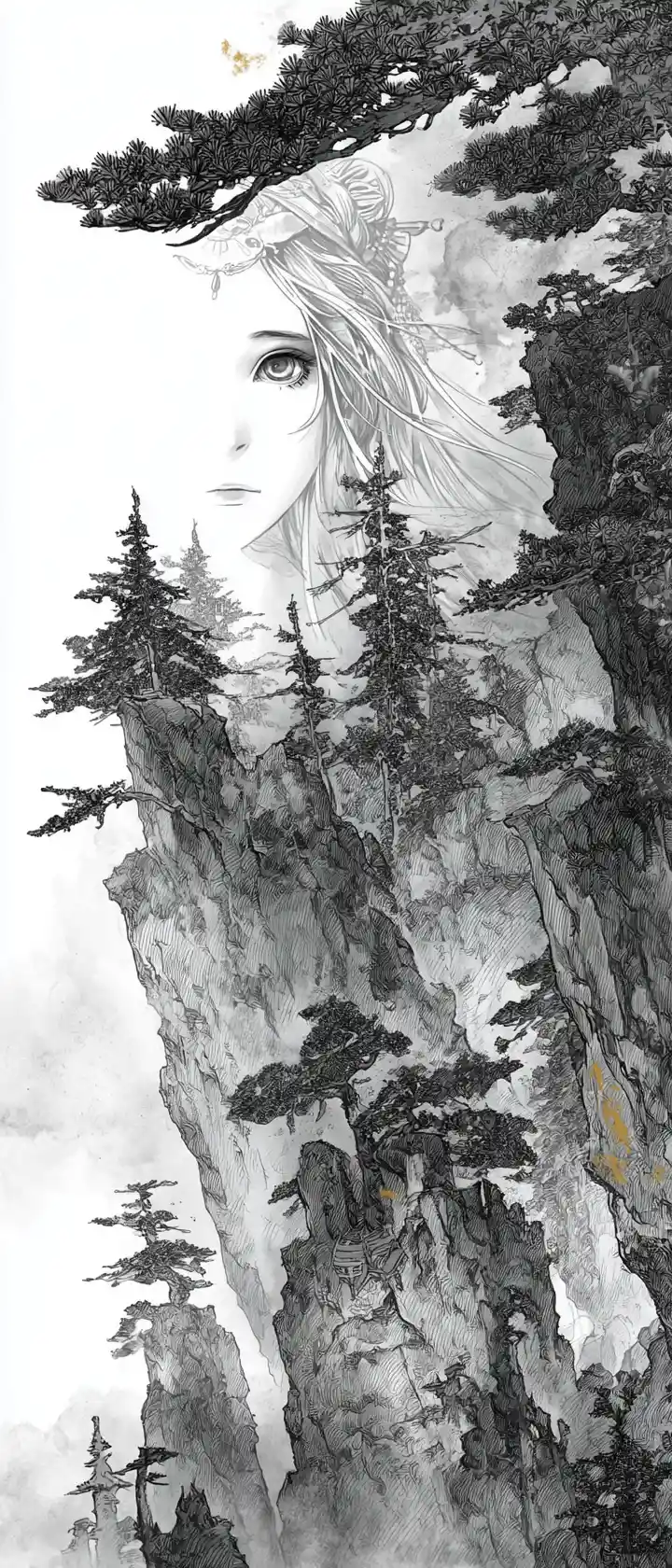 Anime guardian spirit above misty ancient mountain forest