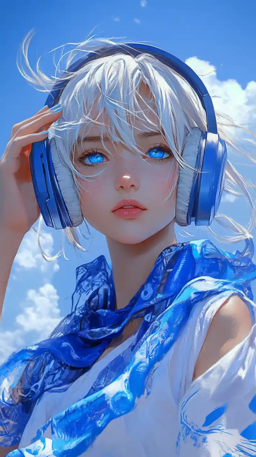 Anime girl with blue headphones against bright sky