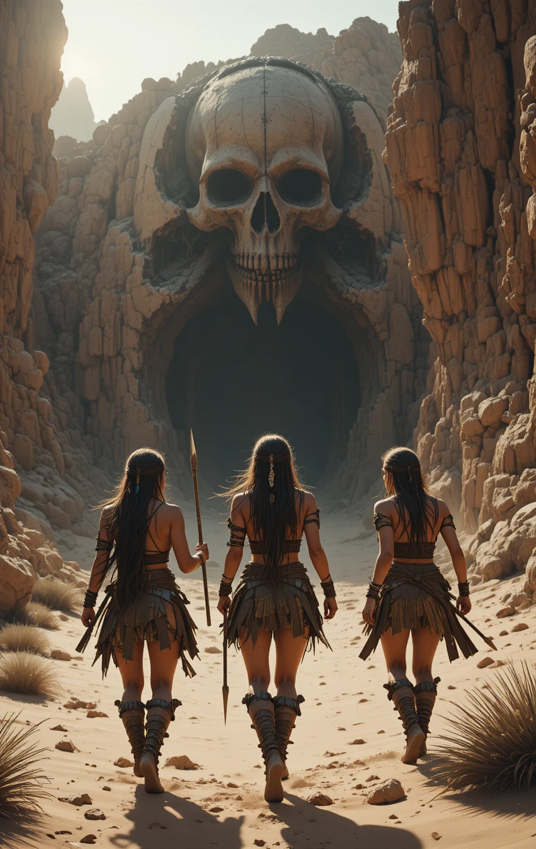 Tribal warrior women charge toward ominous skull cave entrance