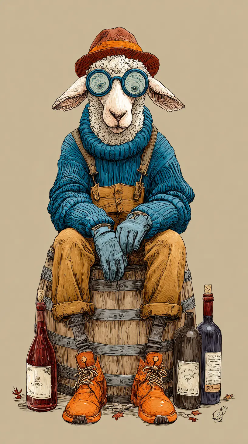 Stylish sheep sitting on a wine barrel in cartoon art