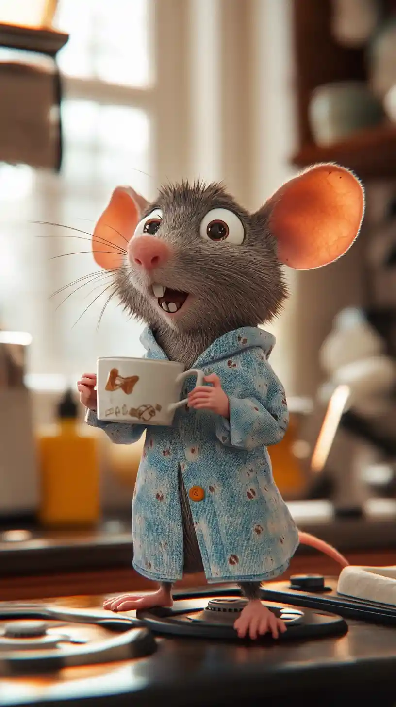 Sleepy 3D cartoon mouse in pajamas in his kitchen