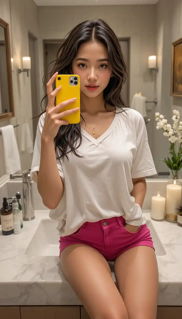 Young woman taking a mirror selfie in a modern bathroom
