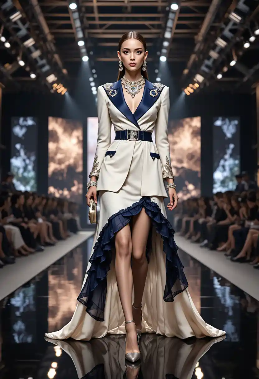 Modelo de alta-costura elegante em uma passarela de moda brilhante
