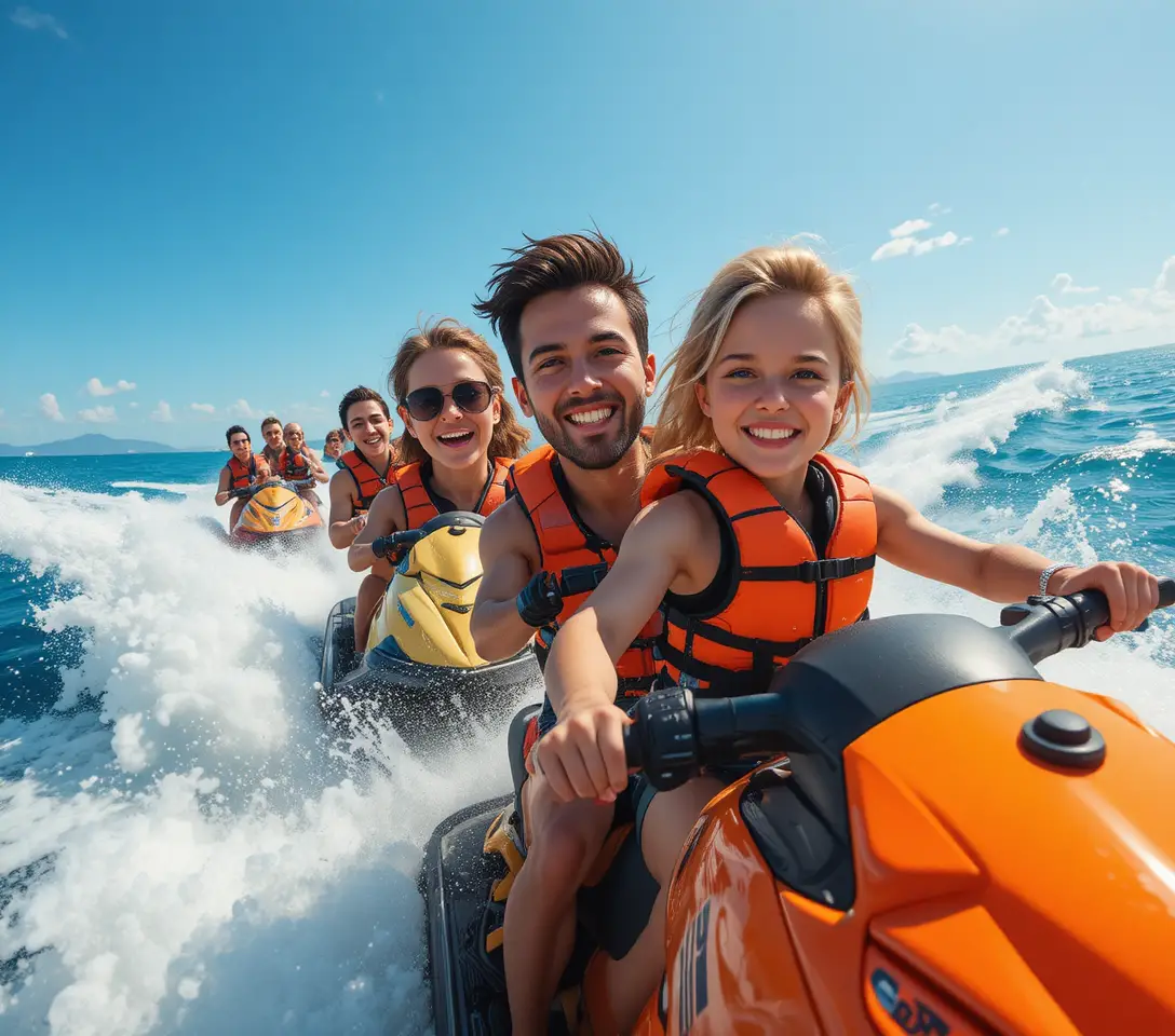 Amici su moto d'acqua che sfrecciano su un oceano soleggiato