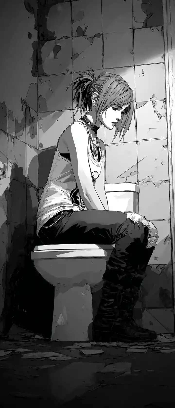 Retrato de garota emo em um banheiro preto e branco decadente