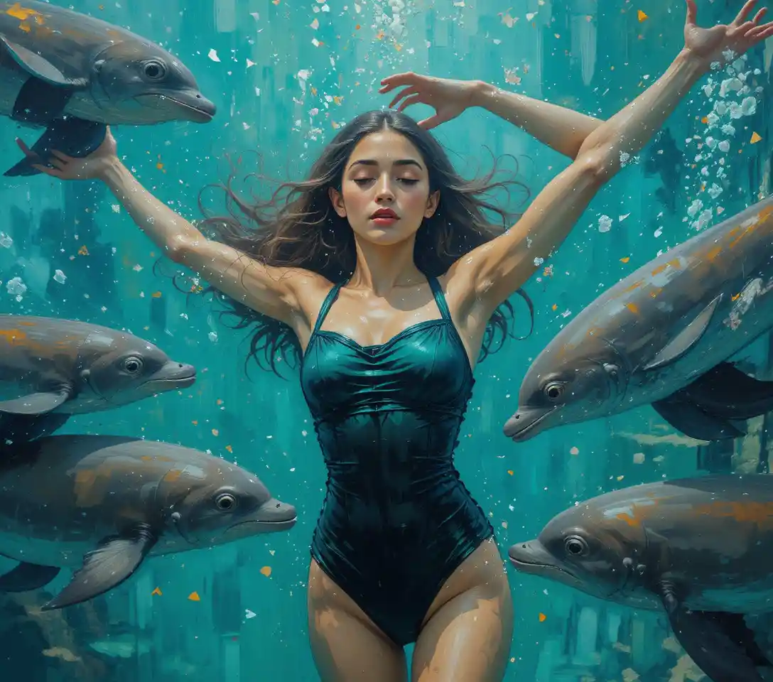 Young woman relaxing in turquoise aquarium water with sharks