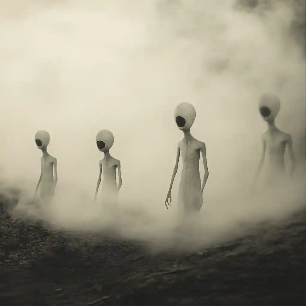 Aliens surréalistes errant dans la brume d’une base souterraine