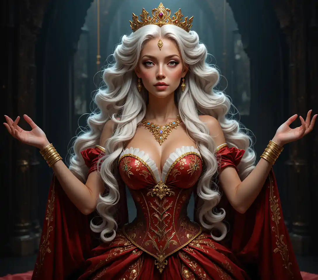 Rainha de fantasia majestosa em vestido vermelho com cabelo prateado