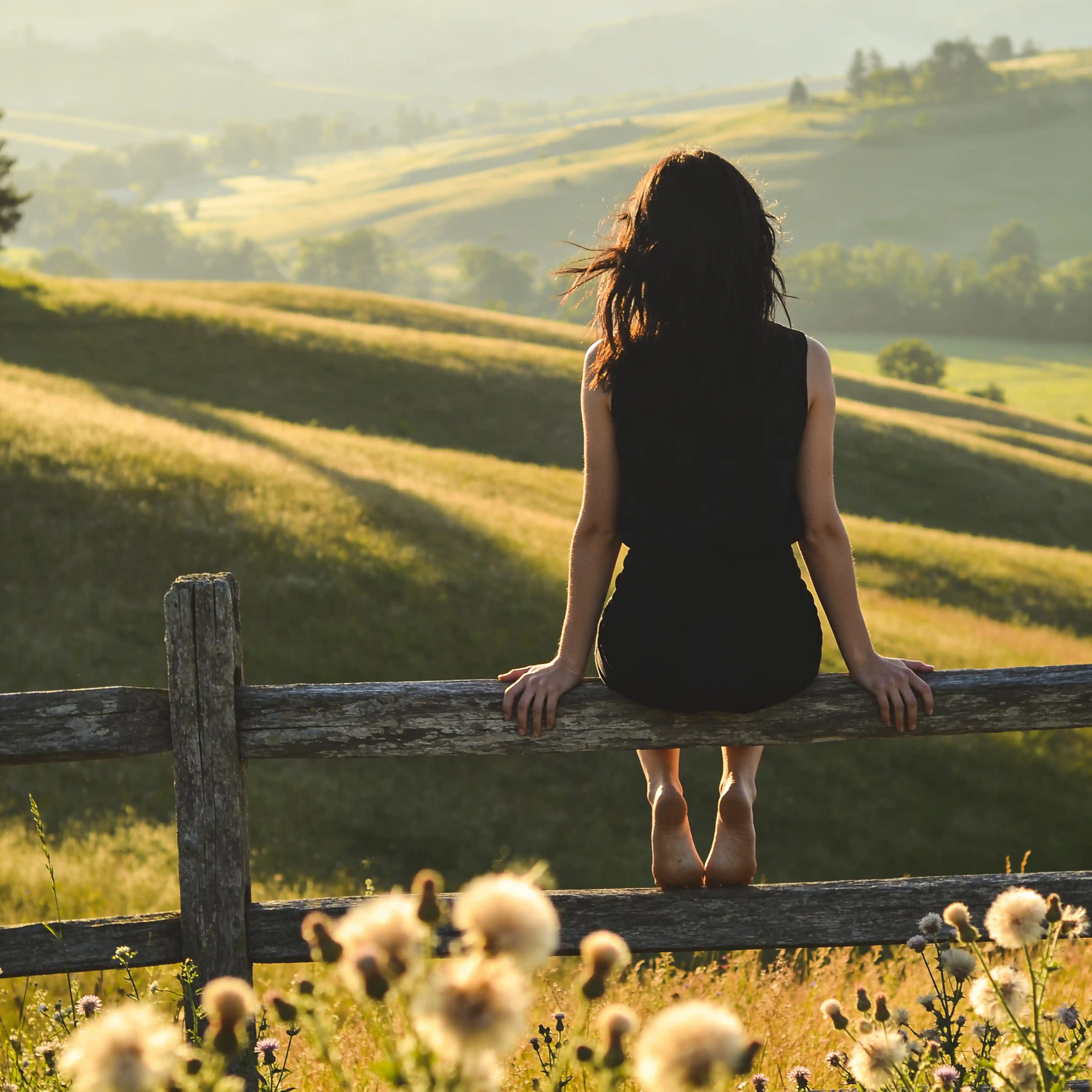 Woman on rustic fence overlooking valley at golden hour