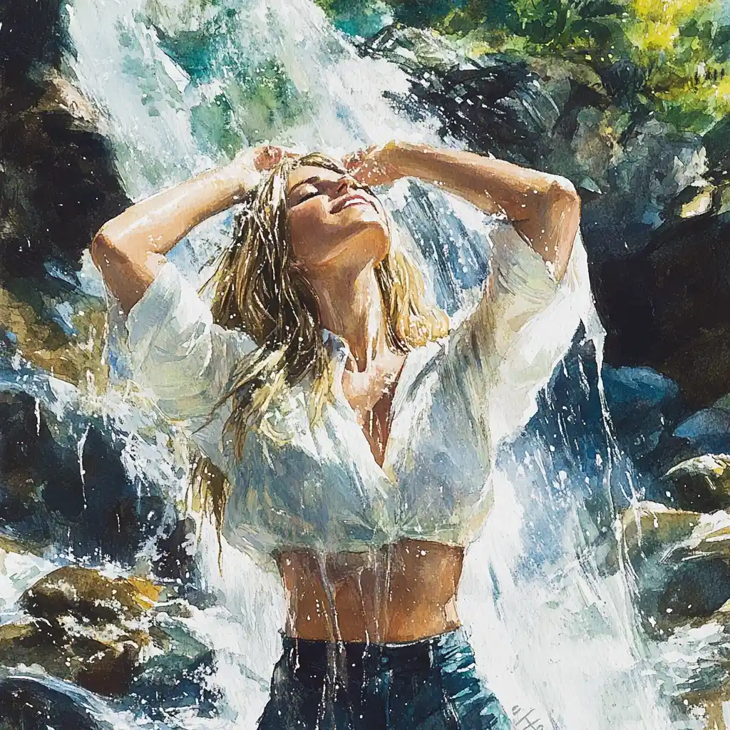 Smiling woman under a waterfall in soft flowing water