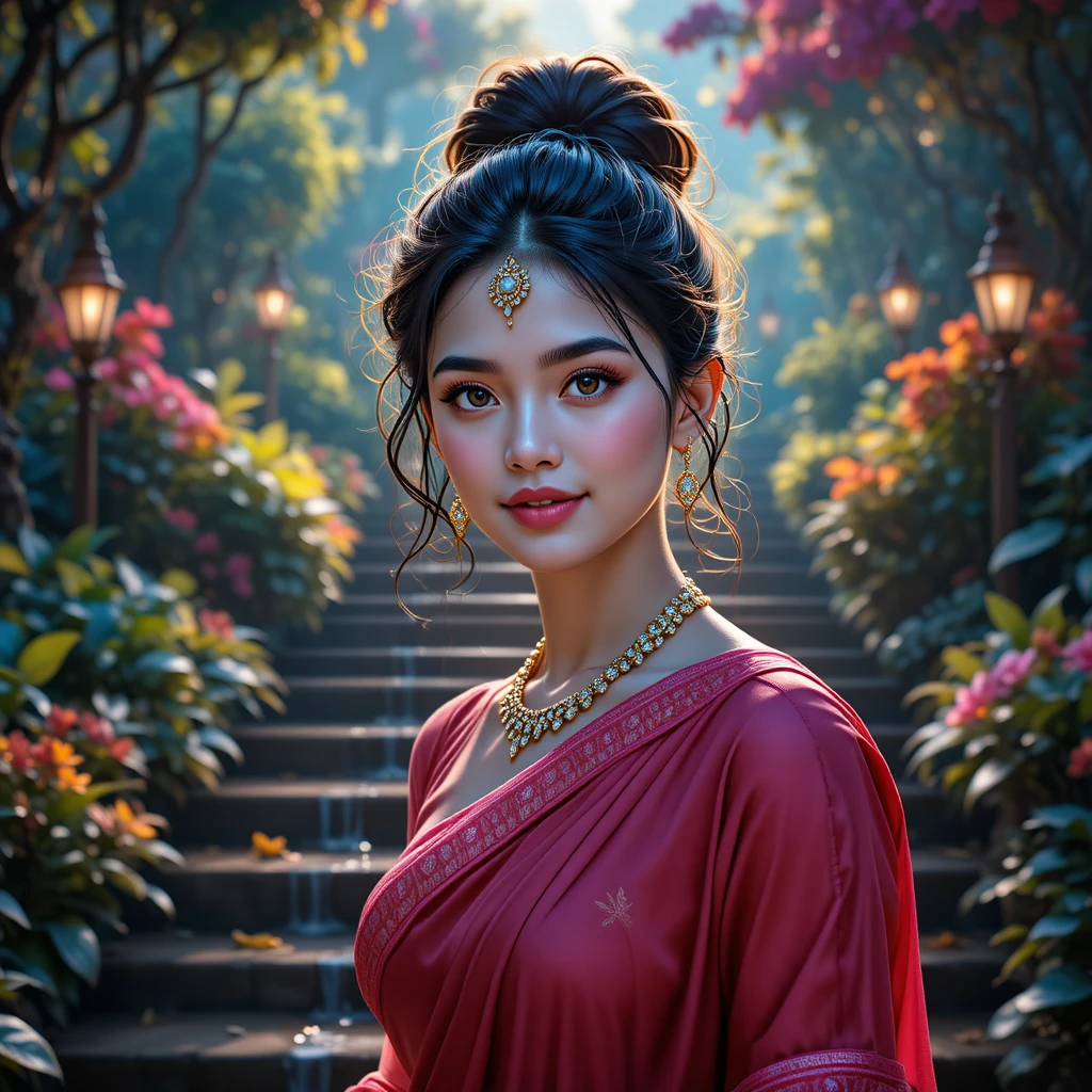 Smiling Indian girl in red saree in a fantasy garden