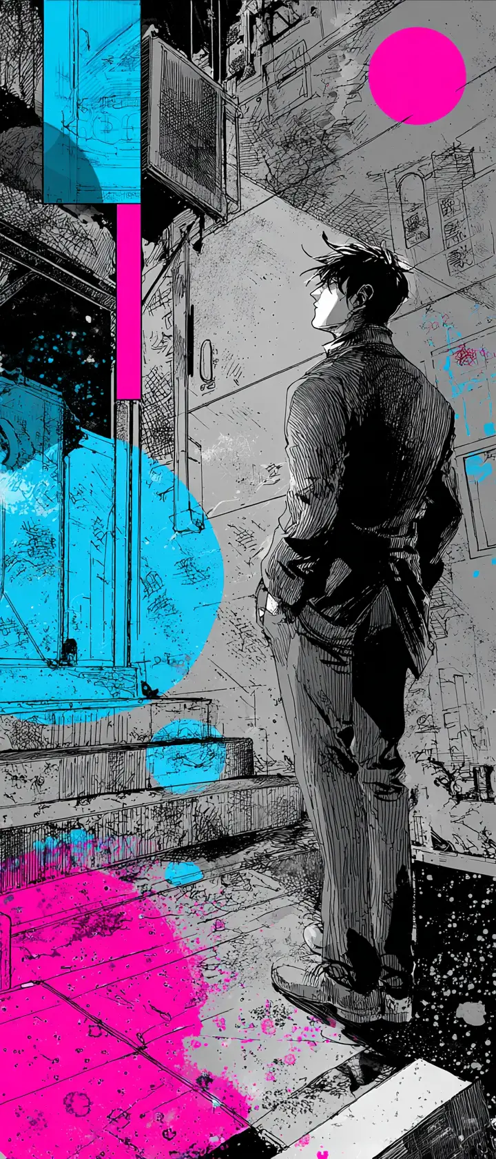 Neo noir cyberpunk scrapbooking illustration with neon ink colors