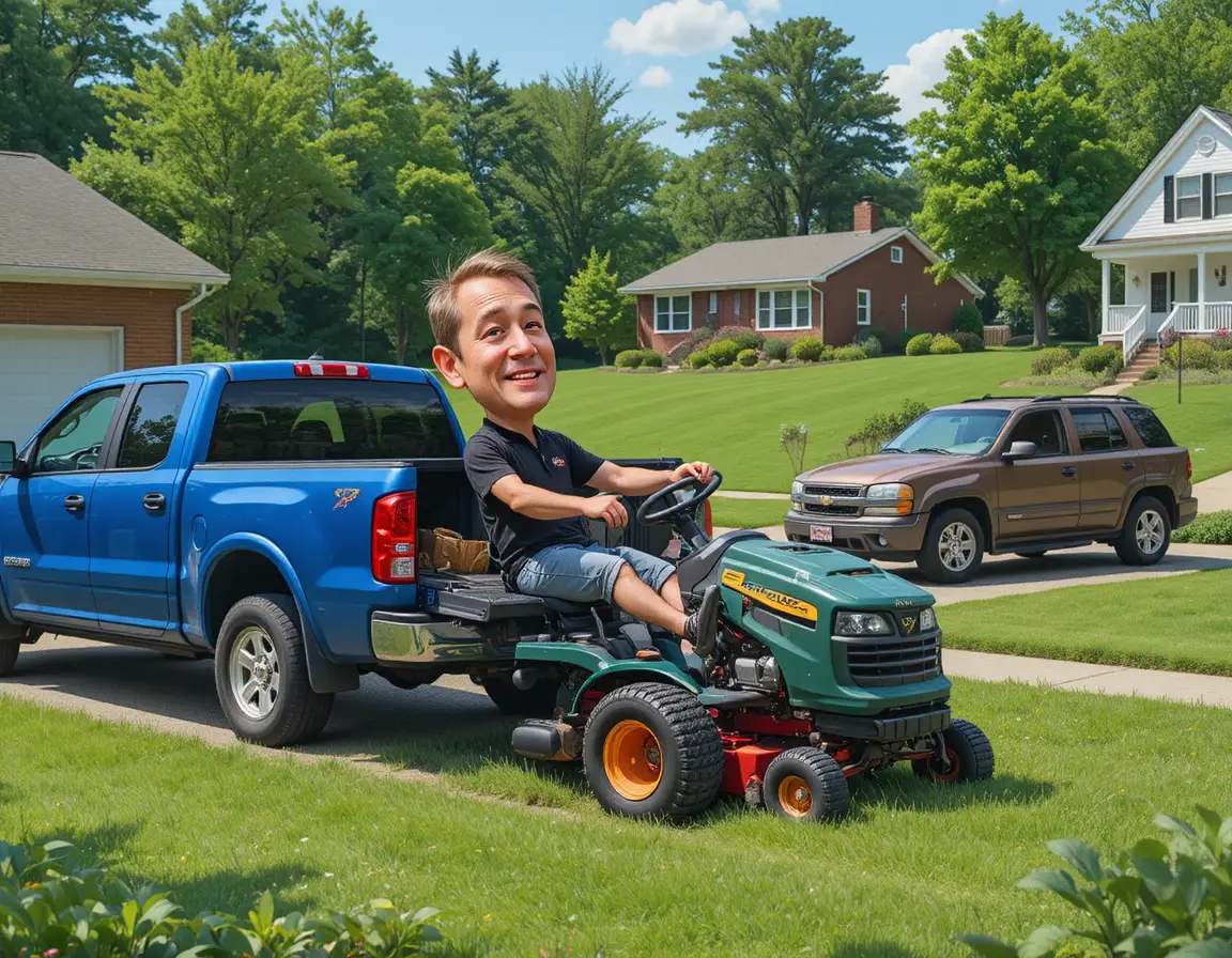 Man unloading riding lawnmower from blue pickup truck on driveway