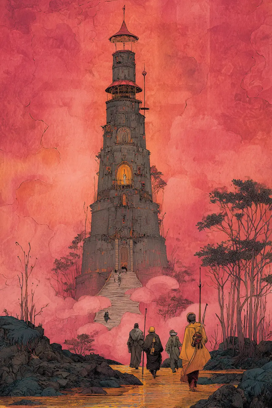 Avventurieri si avvicinano a una torre in un paesaggio fantasy surreale