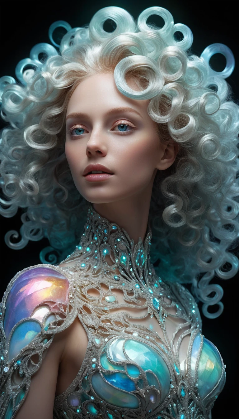 Celestial woman with glowing seafoam hair in cosmic void