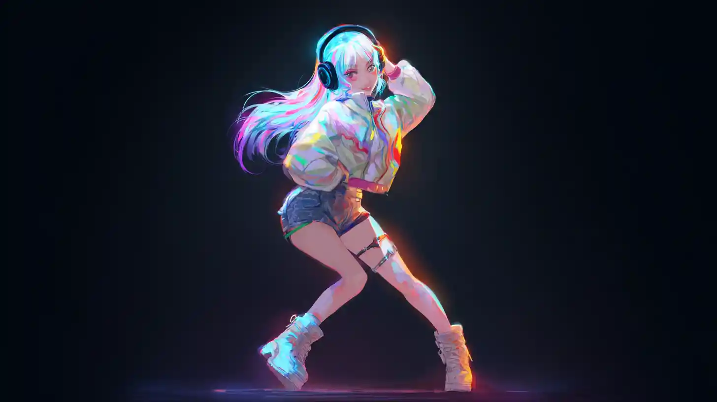 Anime k pop girl dancing on colorful urban stage